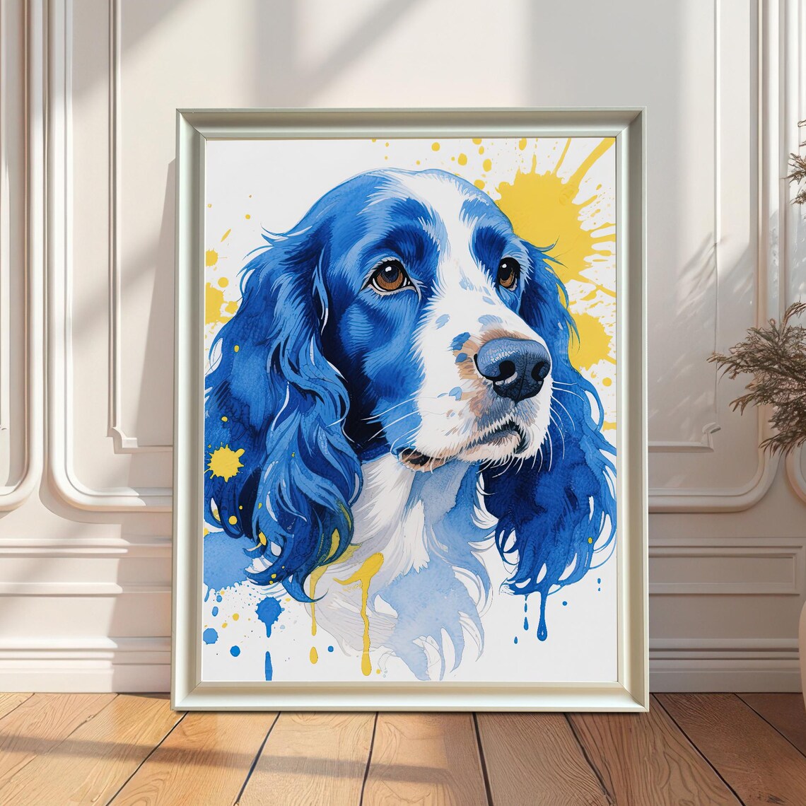 Blue Spaniel Dog Watercolor Portrait Yellow Splash Art Poster
