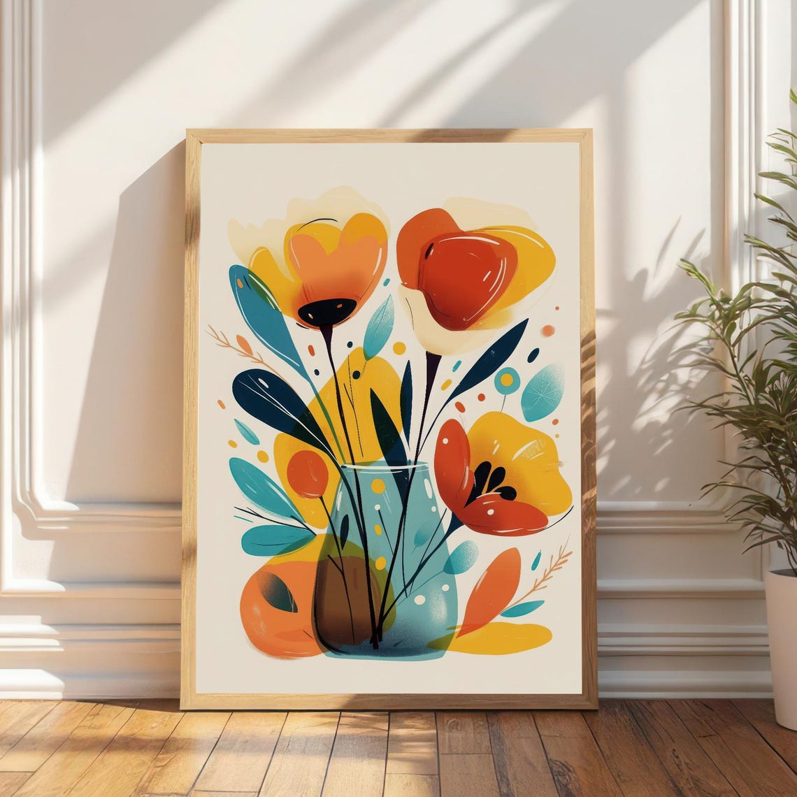 Vibrant Abstract Floral Bouquet Arrangement In Blue Vase Poster