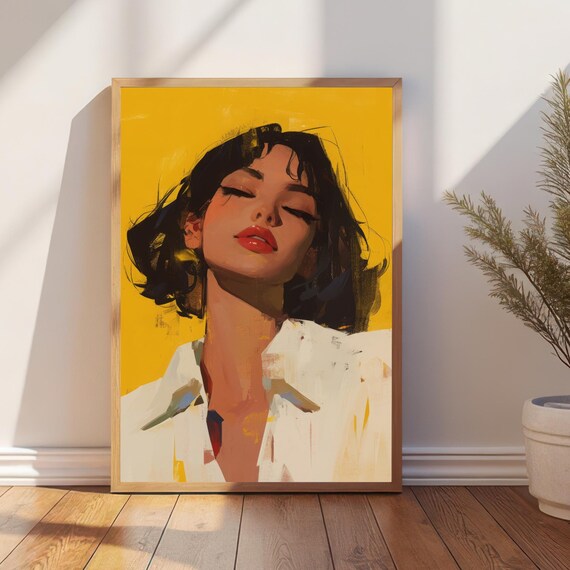 Confident Woman With Red Lips And Dark Curls On Golden Yellow Painterly Art Print