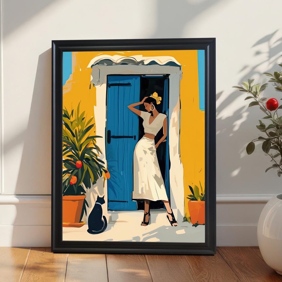 Bohemian Woman With Black Cat By Blue Mediterranean Door Art Print
