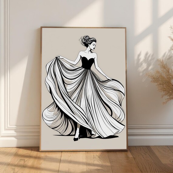 Elegant Woman Twirling In A Flowing Black And White Gown Fashion Art Print