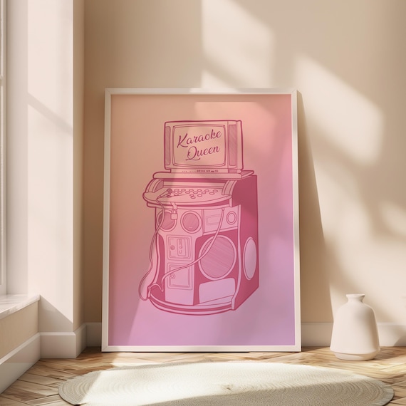 Karaoke Queen Retro Machine Pink Illustration Music Wall Art
