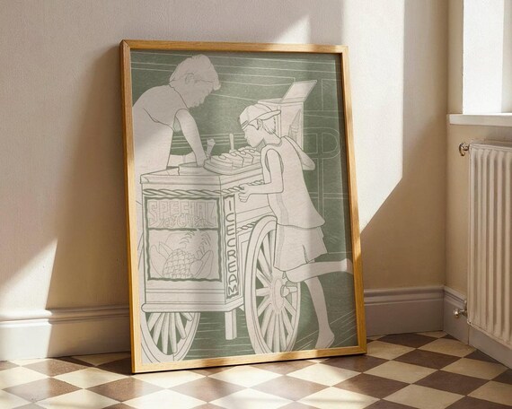 Special Ice Cream Sorbetes Cart Sage Green Line Art Kitchen Poster