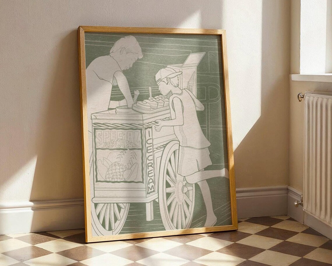 Special Ice Cream Sorbetes Cart Sage Green Line Art Kitchen Poster