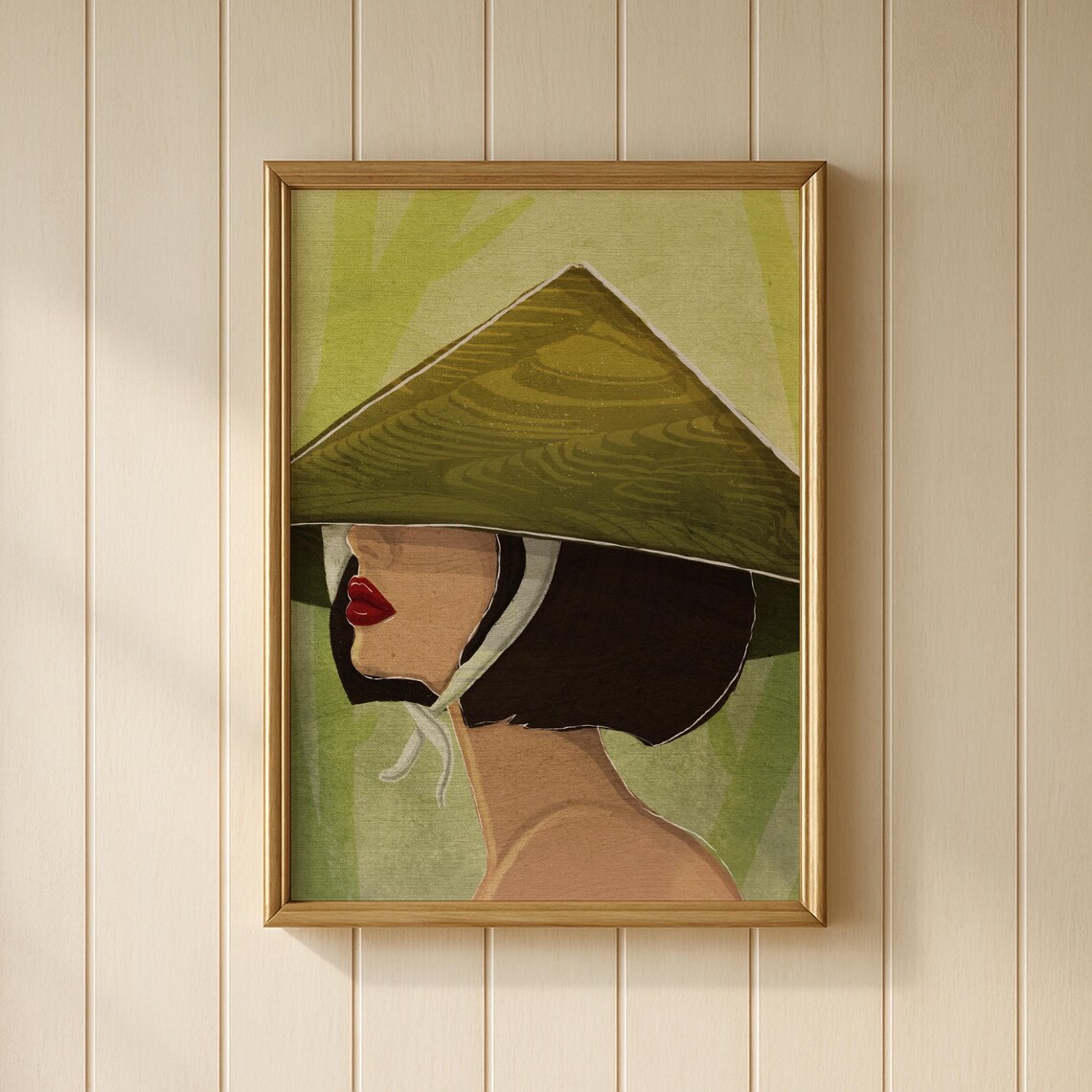 Asian Elegant Conical Hat Woman in Straw Hat Green Illustration Poster