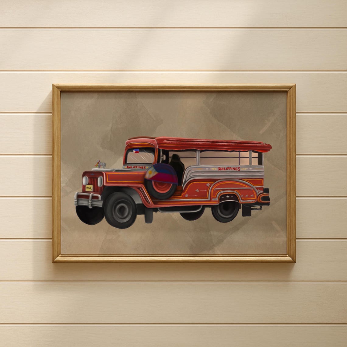 Red Jeepney Philippines Iconic Folk Vehicle Illustration Wall Art