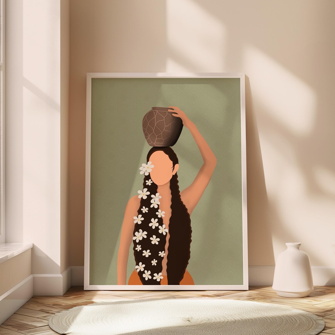 Filipina Sampaguita Flowers Clay Jar Portrait Sage Green Wall Poster