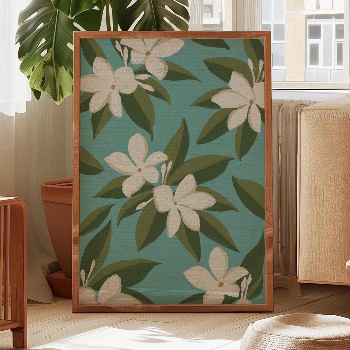 Philippines Sampaguita Jasmine Flowers Teal Botanical Decor Poster