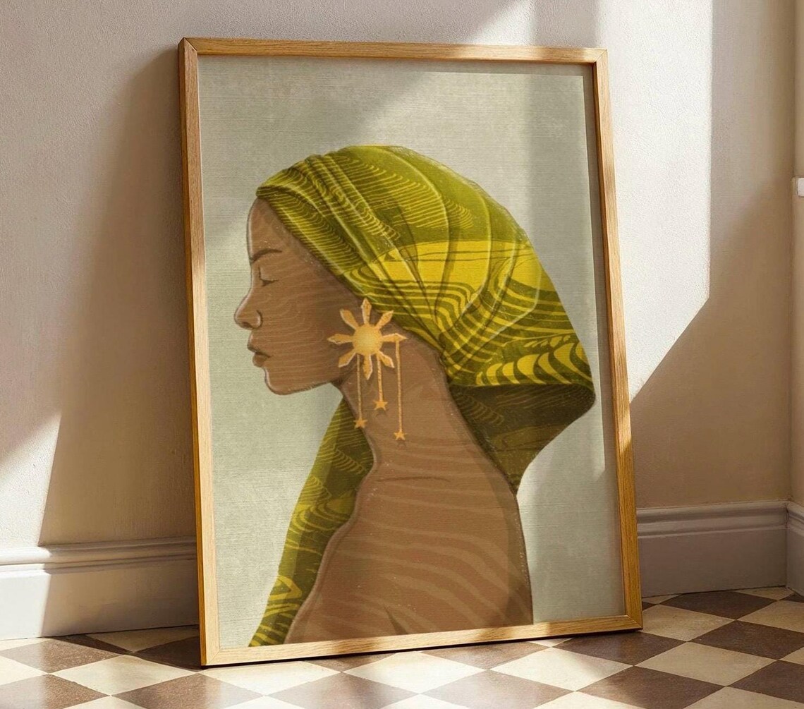 Filipina Native Woman Green Headwrap Golden Sun Earring Heritage Poster