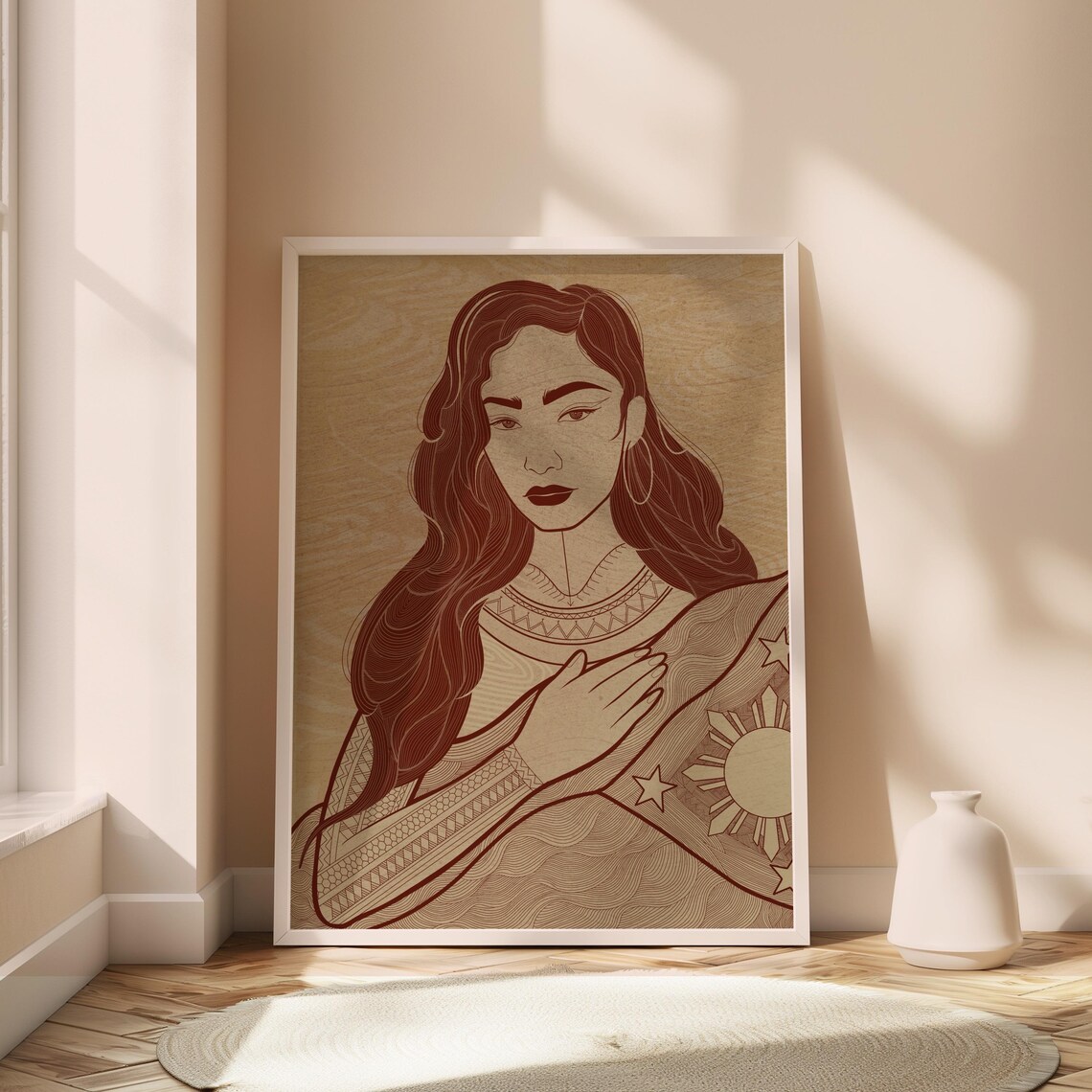 Filipina Pride Woman Portrait Philippine Sun Line Art Wall Print