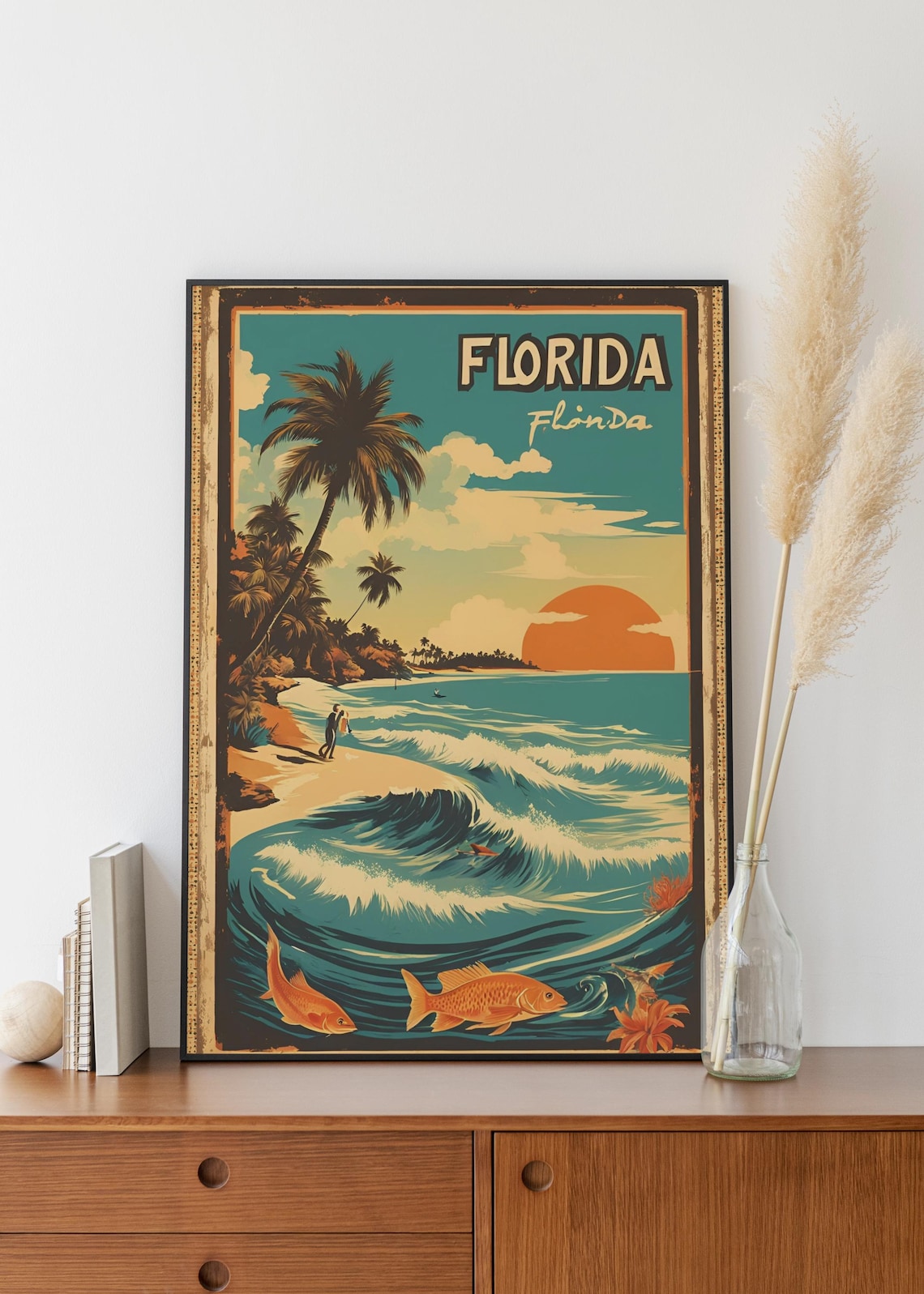Vintage Florida Surf Beach Waves Retro Sunset Travel Style Poster