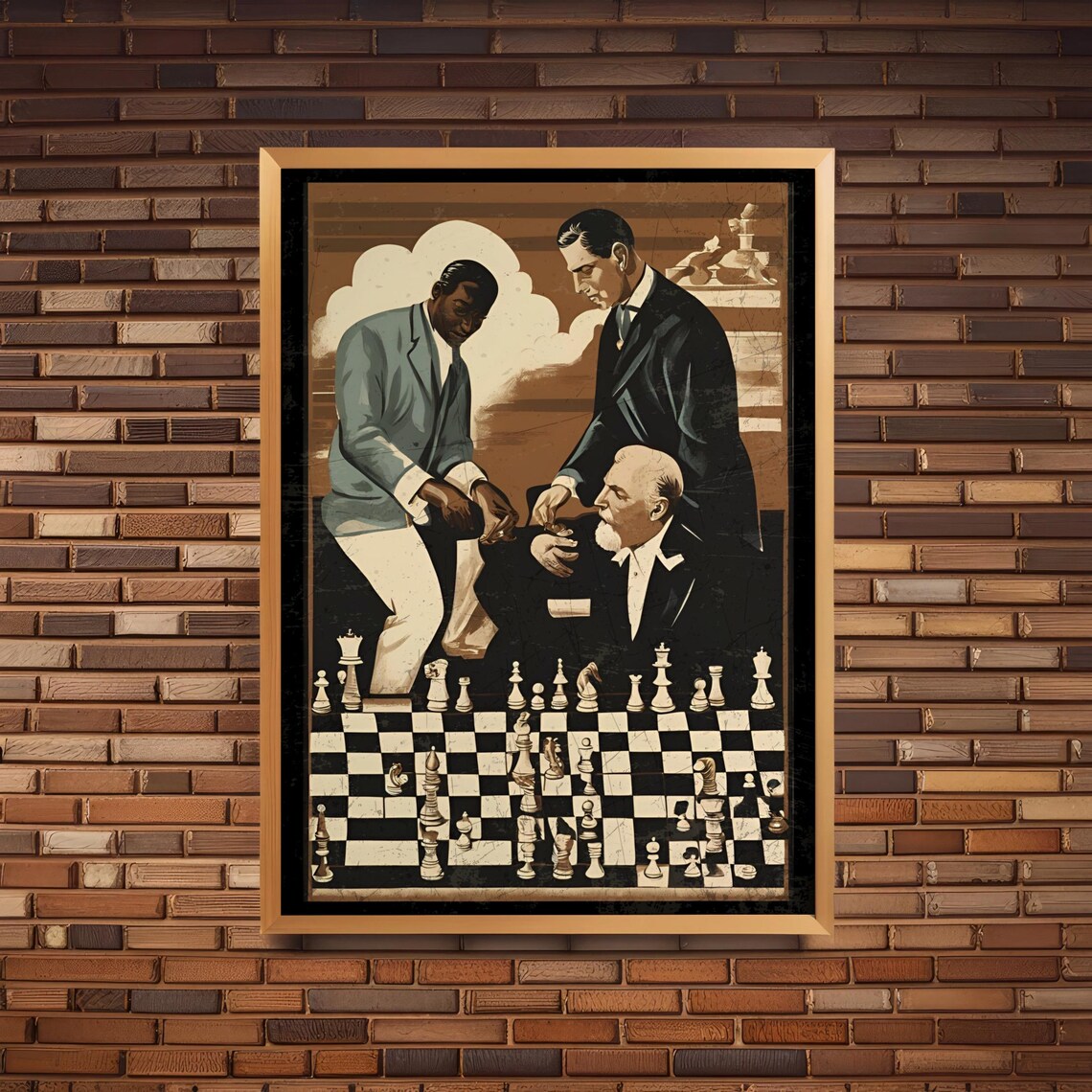 Vintage Chess Players Sepia Gentlemen Chessboard Strategy Poster
