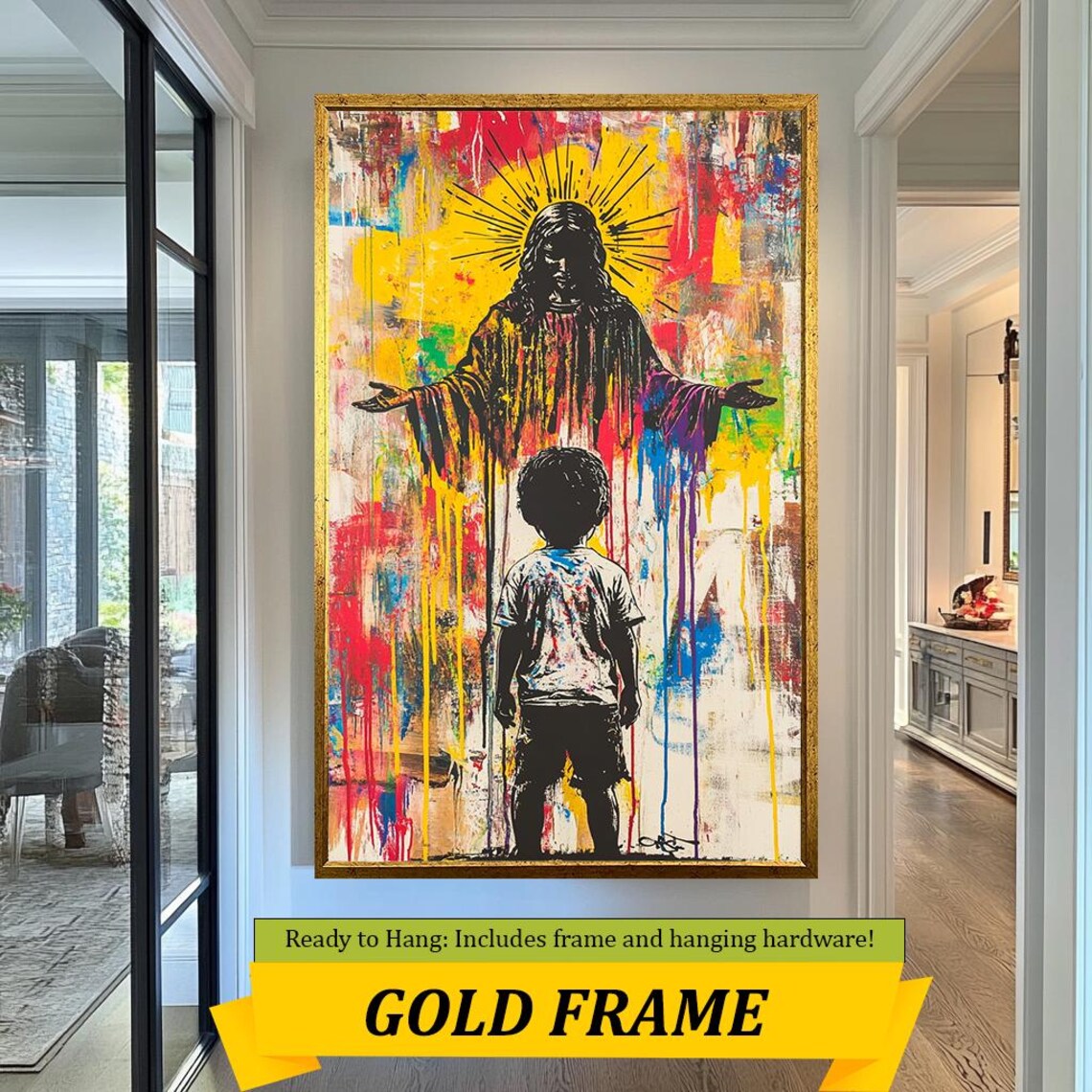 Jesus With Radiant Halo Small Child Red Yellow Drip Street Art Christian Poster - Image 3