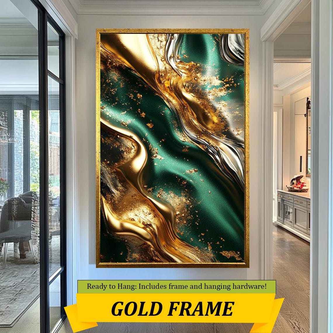 Luxurious Gold Emerald Green Metallic Abstract Swirl Wall Art - Image 3