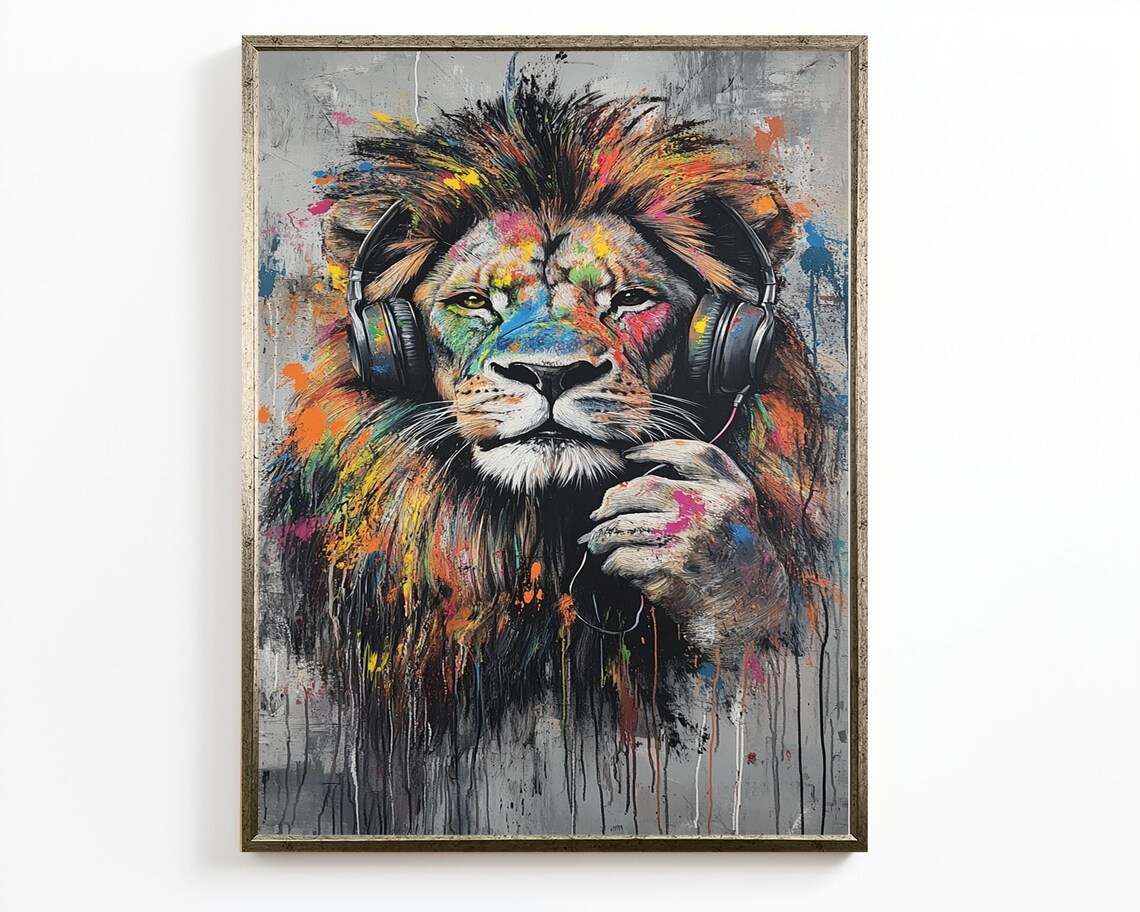 Colorful Pop Art Lion With Headphones Vibrant Graffiti Animal Wall Art Poster - Image 2