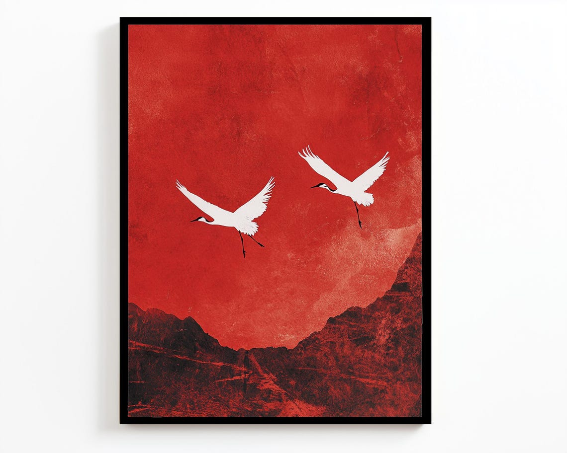 Japanese White Cranes Over Red Mountain Ridge Sunset Sky Wall Art - Image 2