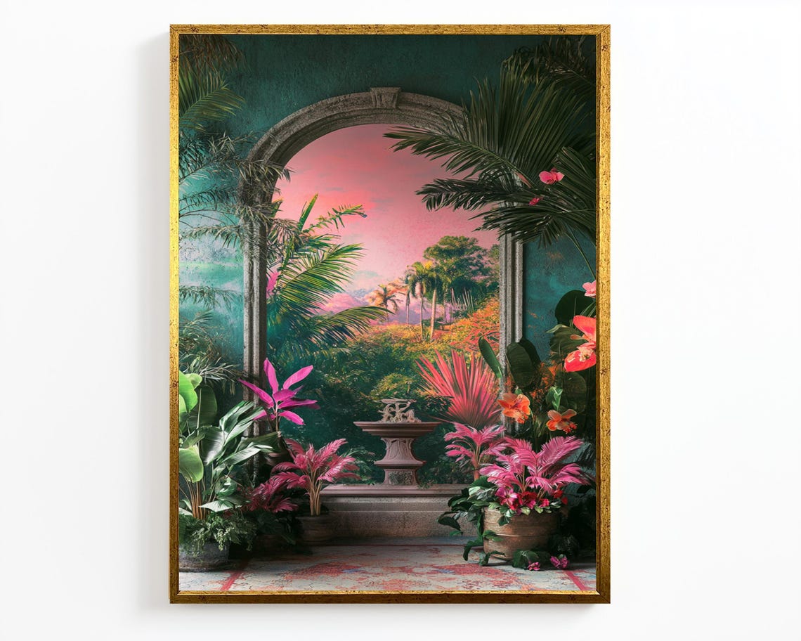 Tropical Garden Archway Sunset Pink Sky Palm Fountain Wall Art - Image 2