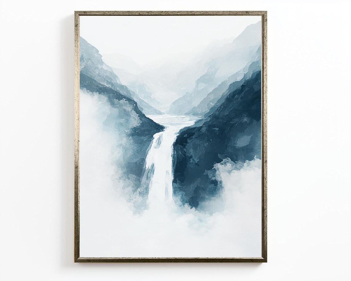 Minimalist Waterfall Wall Art Abstract Nature Print Blue And White Wall Art Mountain Wall Decor Blue Misty Landscape Wall Decor - Image 2