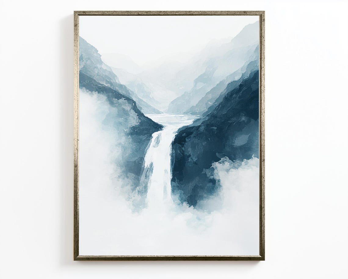 Misty Blue Waterfall in Mountain Valley Gorge Watercolor Wall Art - Image 2