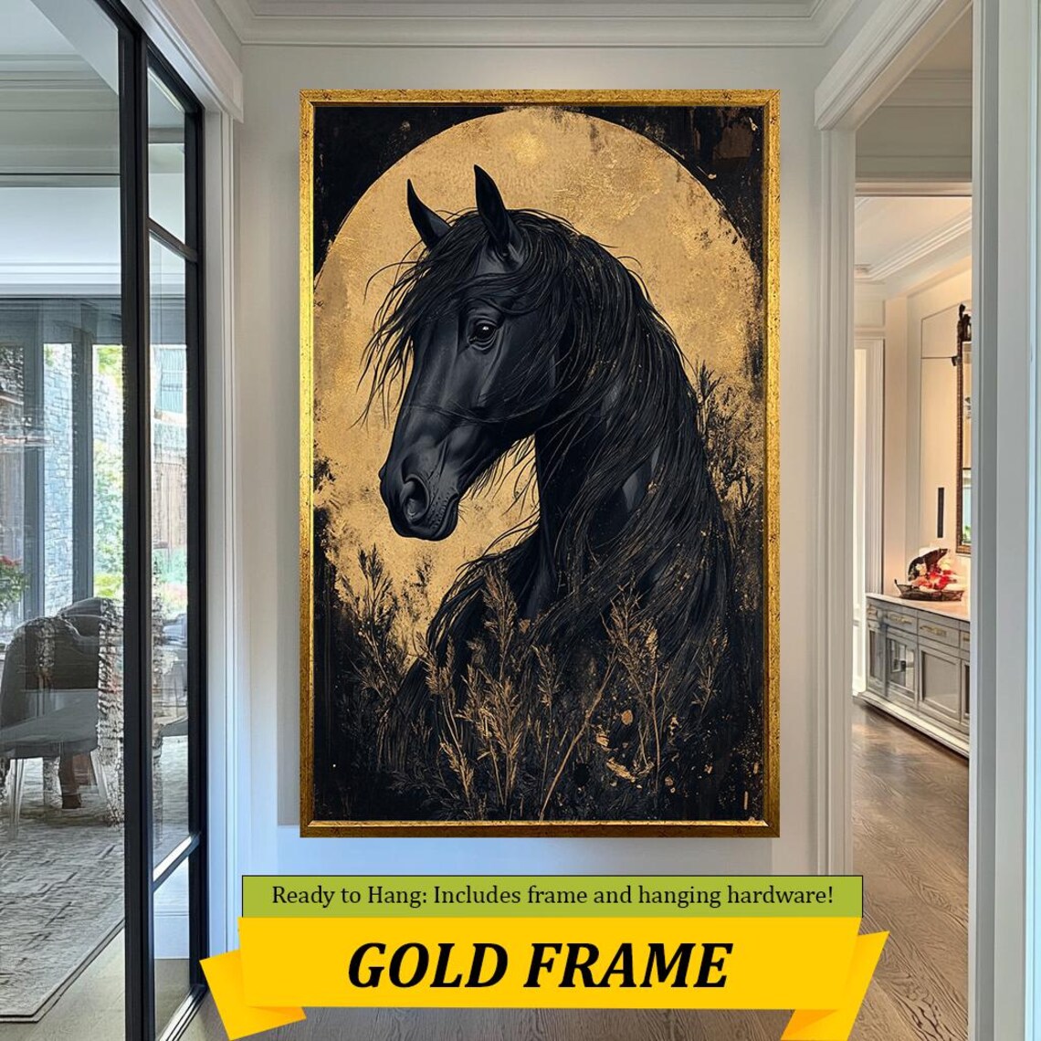 Majestic Black Horse Gold Moon Silhouette Elegant Equine Wall Art - Image 3