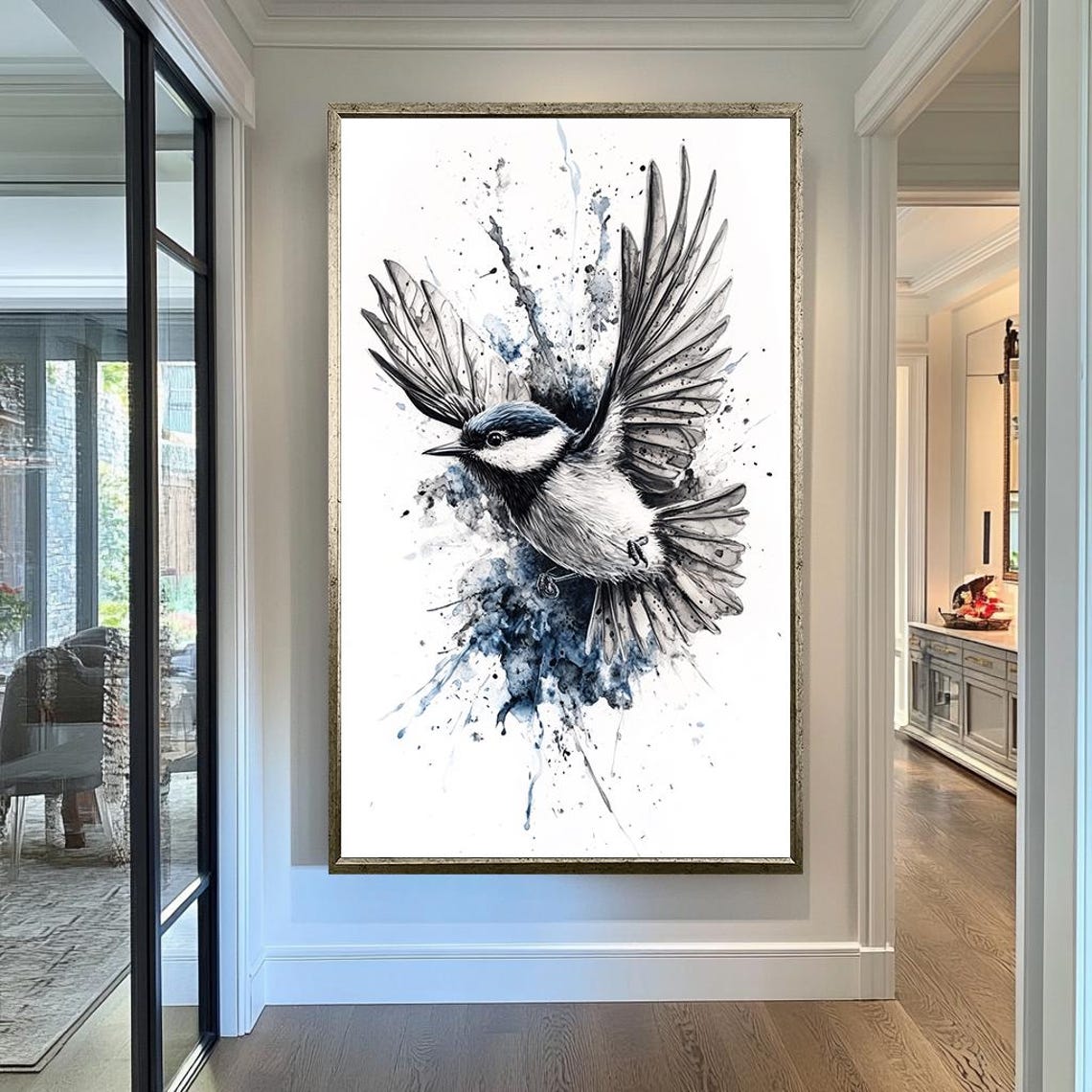 Flying Chickadee Watercolor Splash Black White Blue Bird Wall Art - Image 2