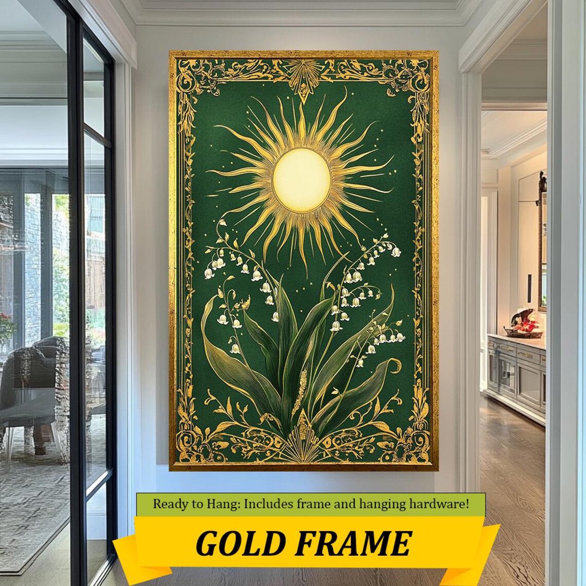 Ornate Golden Sun Lily Of The Valley Vintage Green Framed Style Poster - Image 3