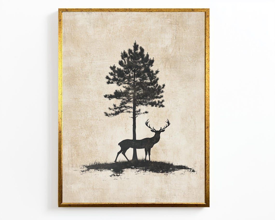 Rustic Black Stag Silhouette Under Pine Tree Vintage Beige Wall Art - Image 2