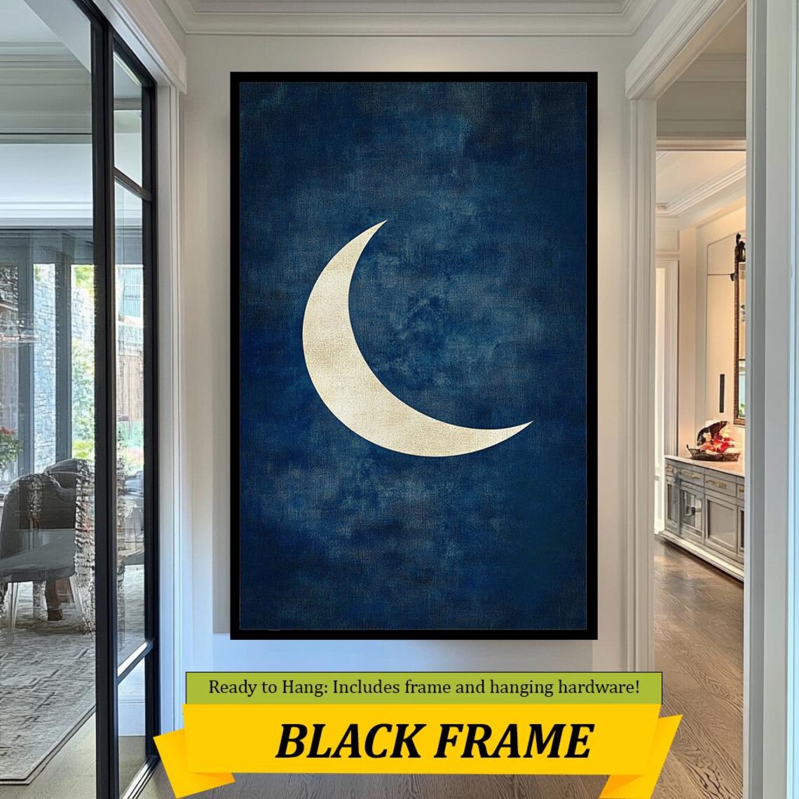 Minimalist Gold Crescent Moon Over Navy Blue Night Sky Wall Art - Image 3
