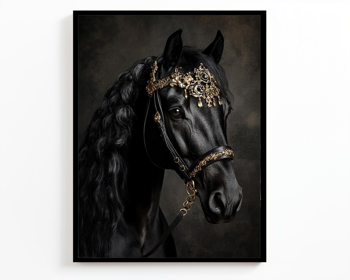 Regal Black Horse Wearing Gold Crown Bridle Luxury Equine Portrait Art - Image 2
