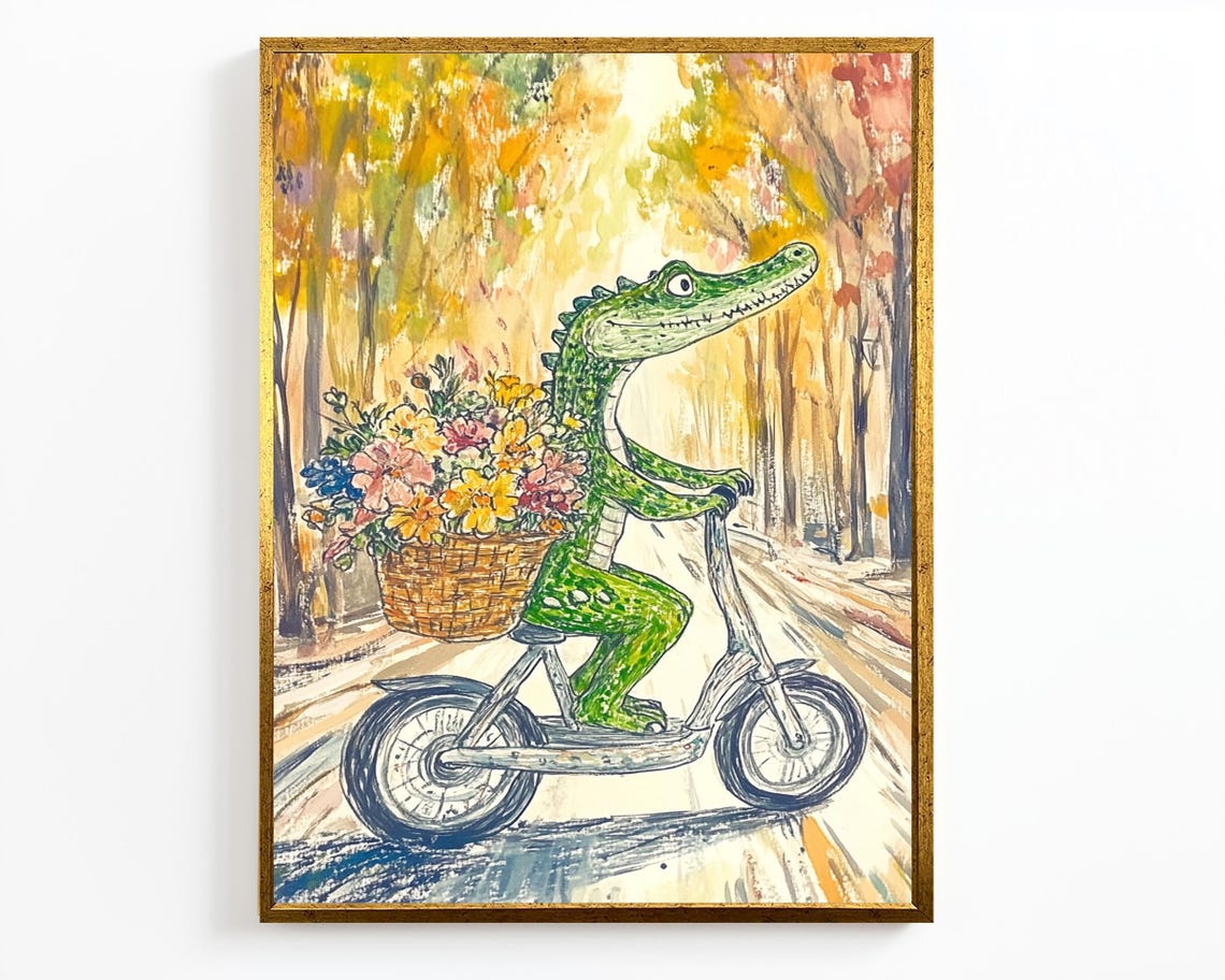 Whimsical Alligator On Bicycle Flower Basket Autumn Road Wall Art - Image 2