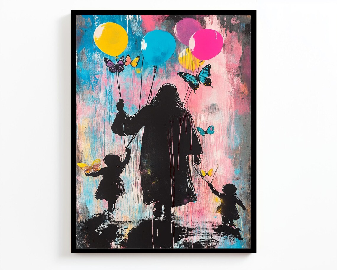 Jesus Silhouette With Children Balloon Strings Pink Blue Drip Art Poster - Image 2