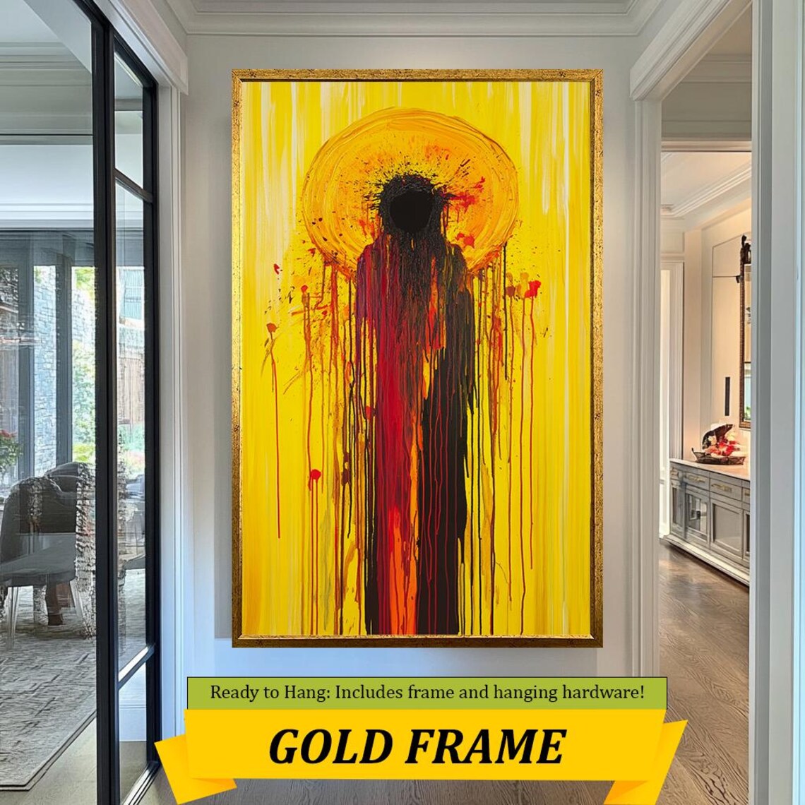 Abstract Jesus Gold Halo Yellow Drip Painting Modern Spiritual Christian Poster - Image 3