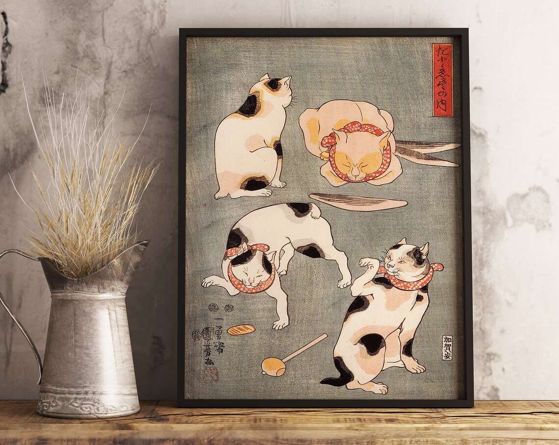 Japanese Cats Utagawa Kuniyoshi Style Four Cats Woodblock Art Poster - Image 3