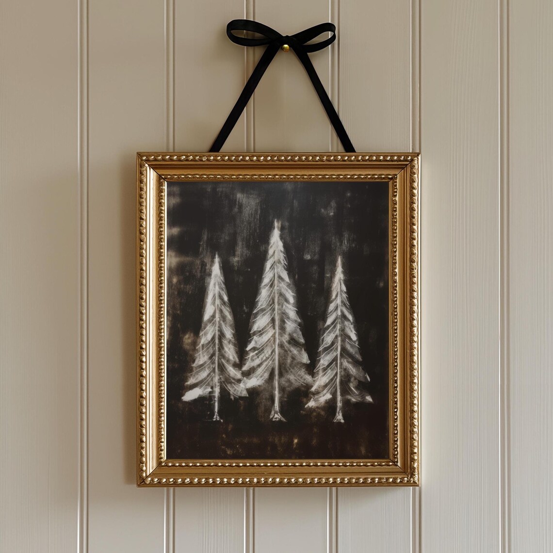 Black and White Snowy Pine Trees Moody Winter Night Wall Art