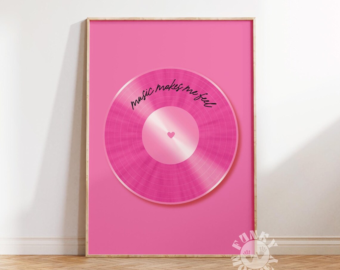 Music Makes Me Feel Hot Pink Vinyl Record Heart Center Poster