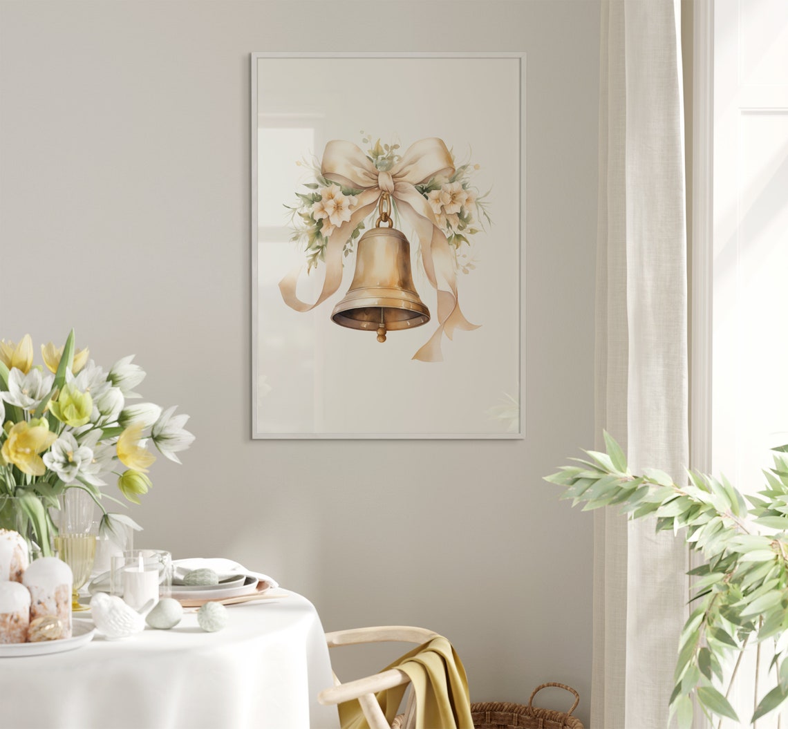 Watercolor Brass Easter Bell With Cream Bow And White Florals Poster - Image 5