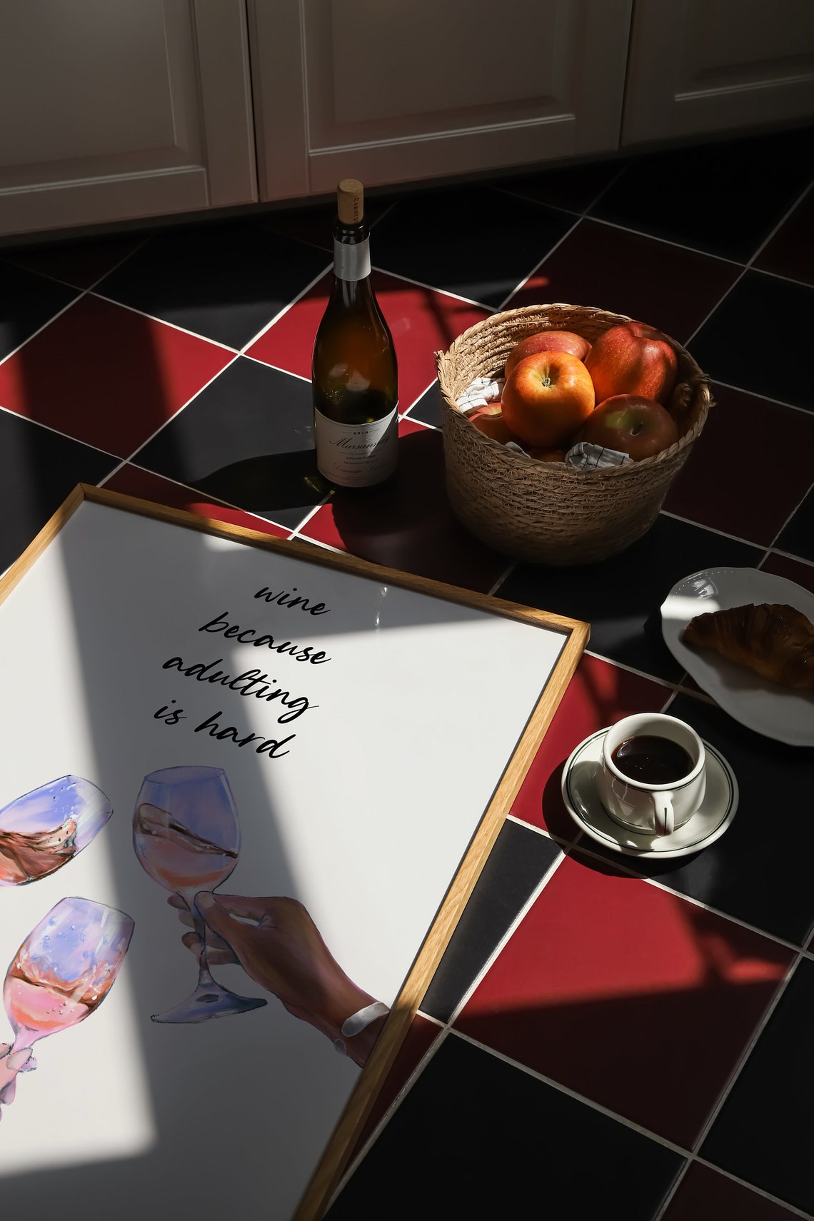 Wine Because Adulting Is Hard Toasting Watercolor Wall Poster - Image 4
