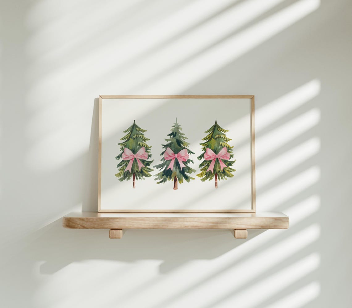 Three Watercolor Christmas Trees With Pink Bows Holiday Wall Art - Image 3