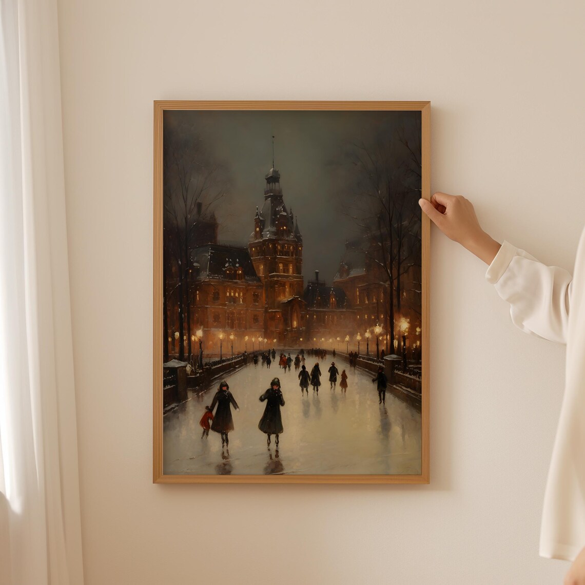 Night Ice Skating by the Illuminated Grand Hotel Vintage Painting Poster - Image 4