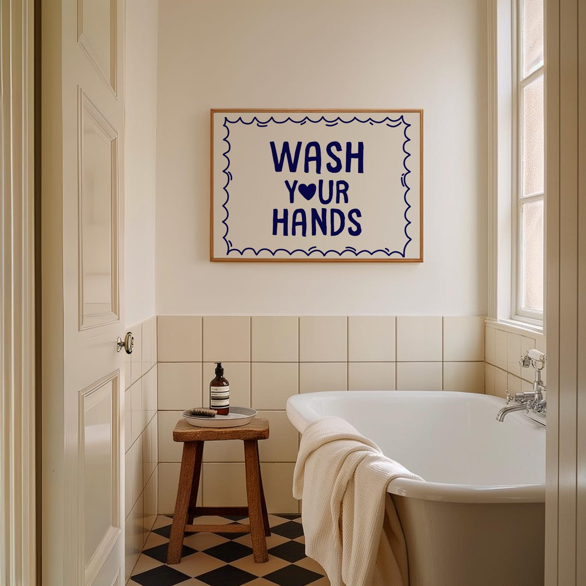 Navy Blue Wash Your Hands Typography Poster for Bathroom Walls - Image 5