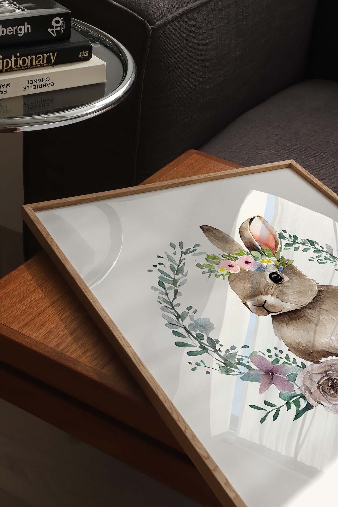 Watercolor Bunny With Flower Crown Inside Floral Wreath Poster - Image 3