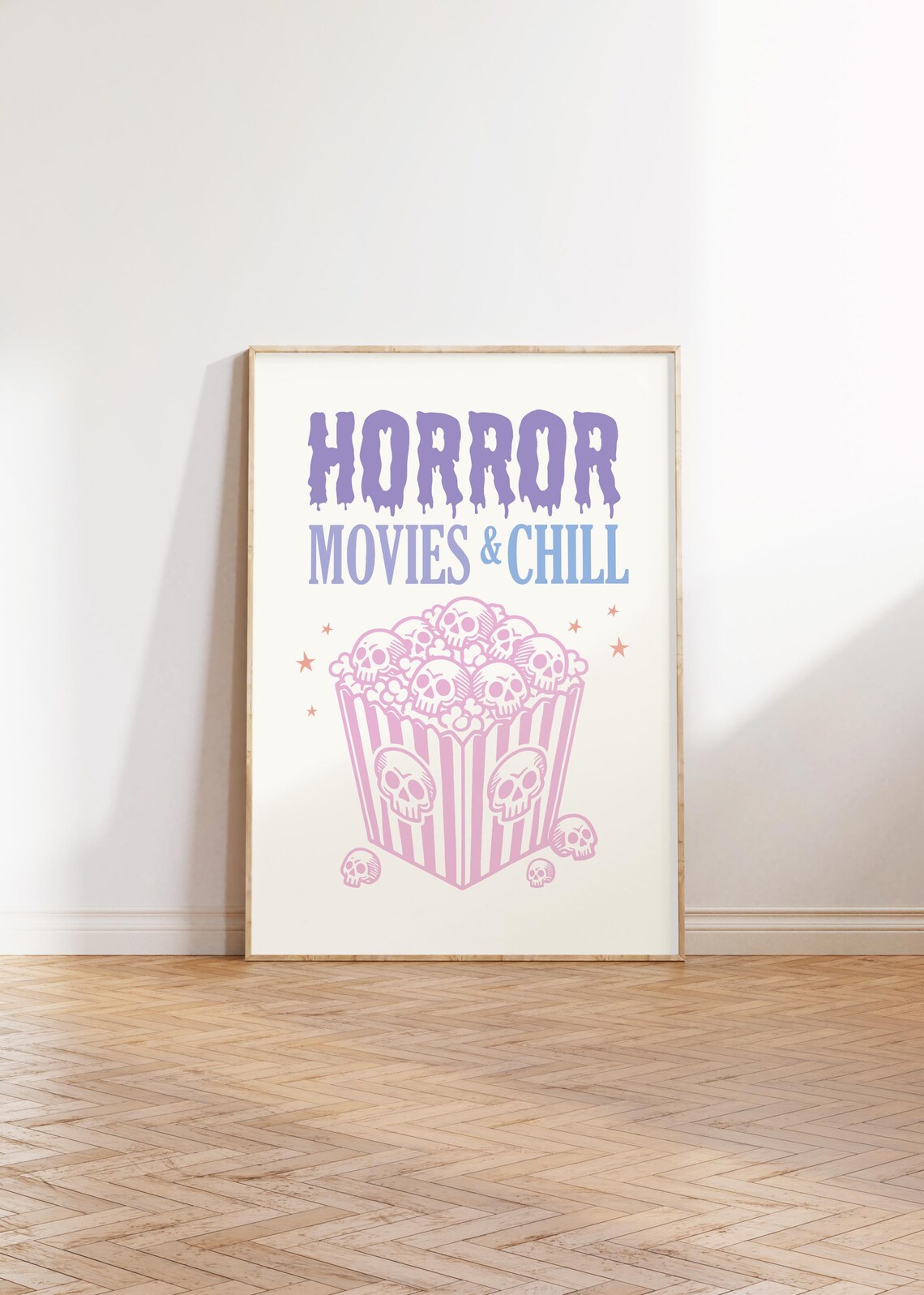 Horror Movies And Chill Pastel Skull Popcorn Halloween Poster - Image 2