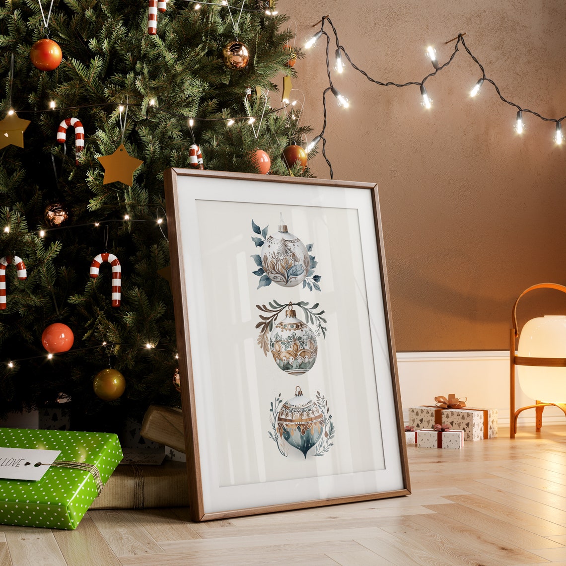 Three Hand Painted Folk Pattern Christmas Baubles Watercolor Poster - Image 2