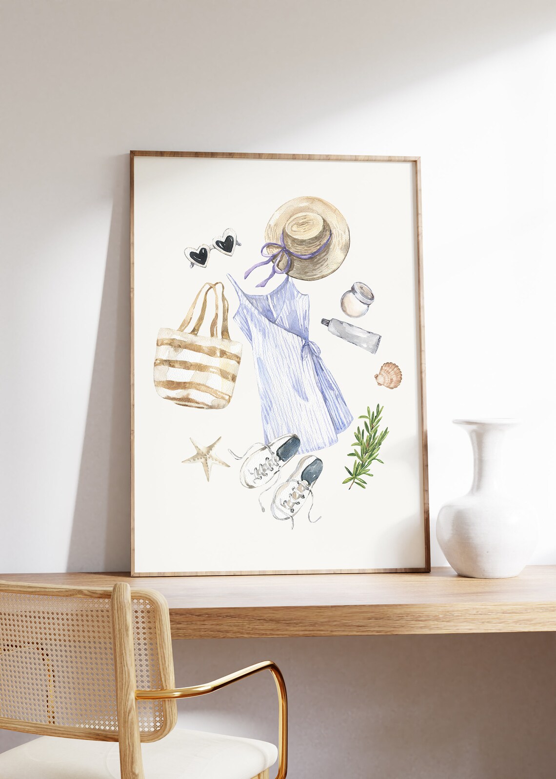 Girl Summer Outfit Flat Lay Blue Sundress Straw Hat Watercolor Poster - Image 4