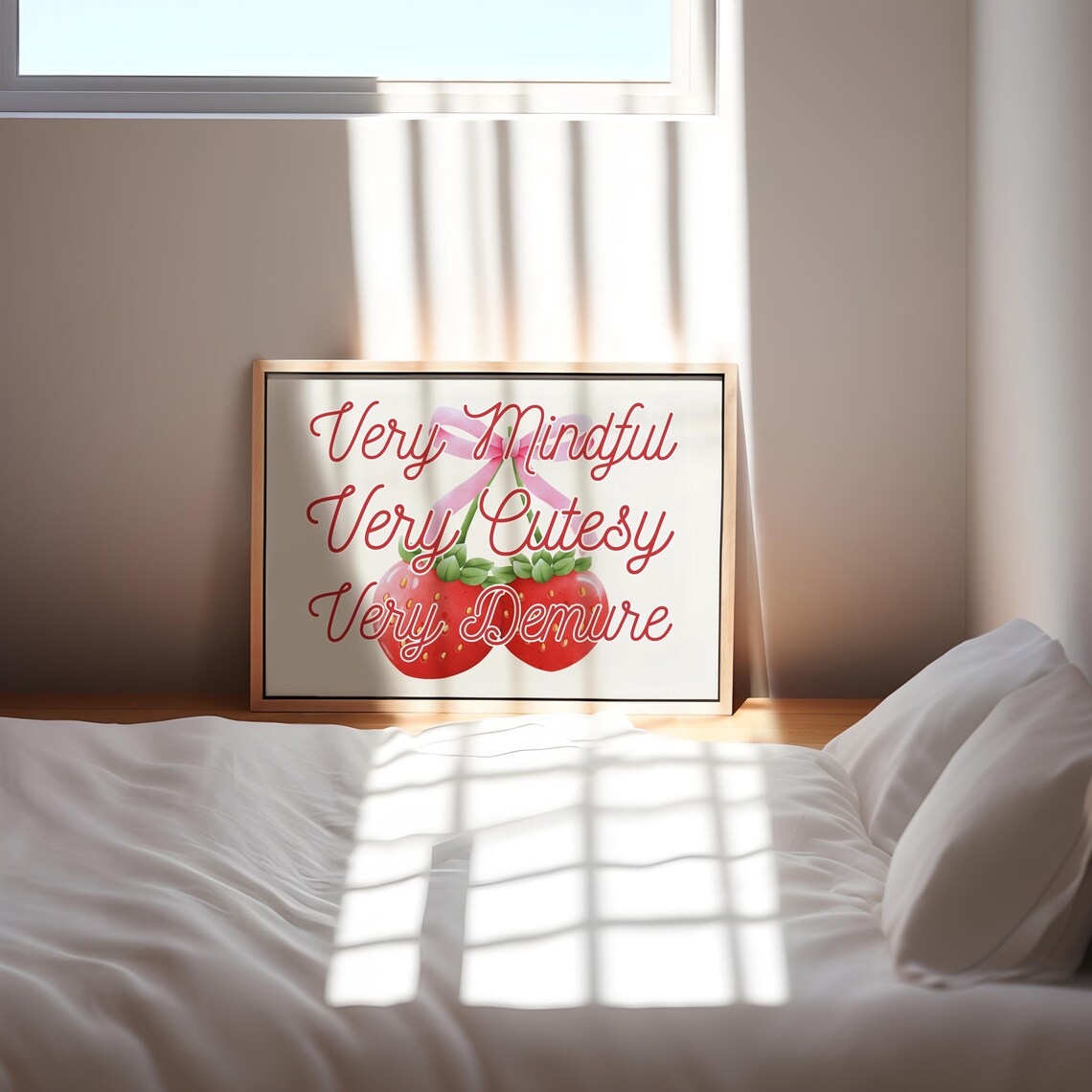 Very Mindful Very Cutesy Very Demure Quote Strawberry Bow Print - Image 3