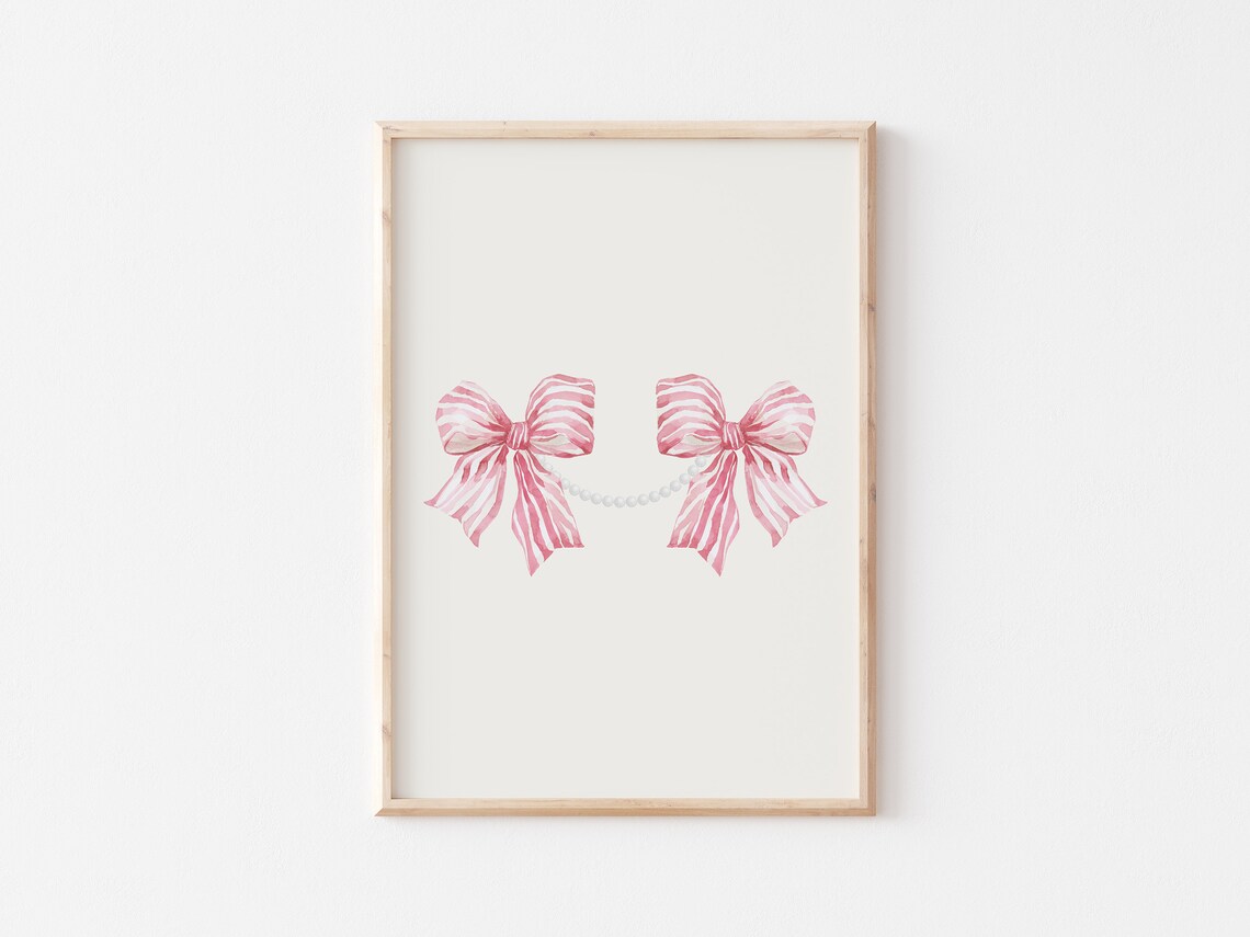 Pair Of Pink Striped Watercolor Bows Linked By Pearl Strand Poster - Image 4