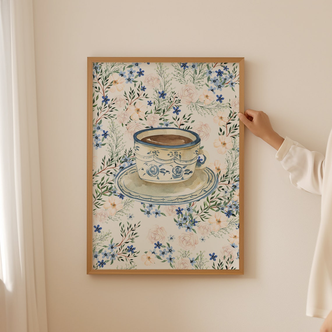 Chinoiserie Blue White Porcelain Cup Floral Watercolor Poster - Image 3