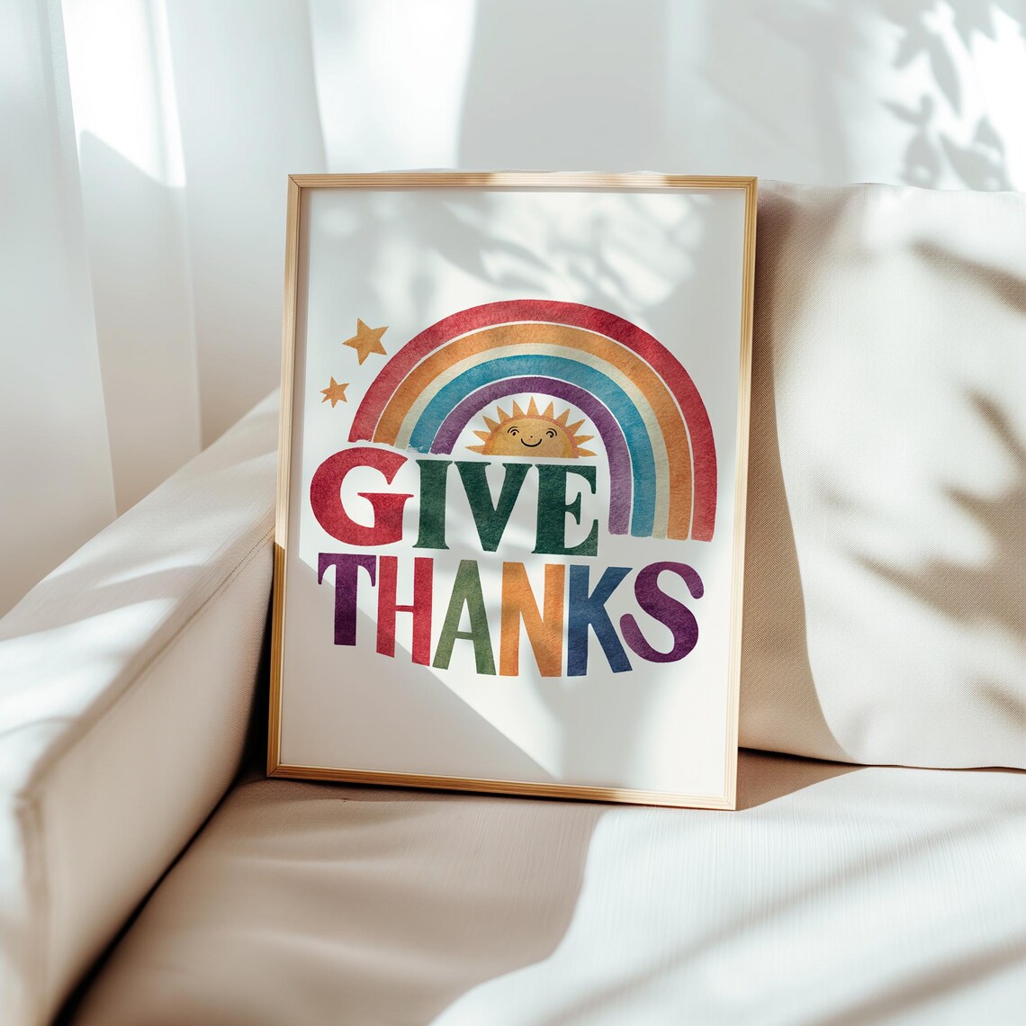 Give Thanks Rainbow Sun Watercolor Thanksgiving Fall Art Poster - Image 5