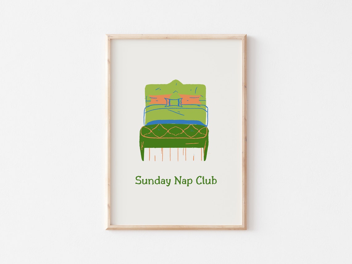 Sunday Nap Club Green Hand Drawn Cozy Bed Funny Quote Poster - Image 3