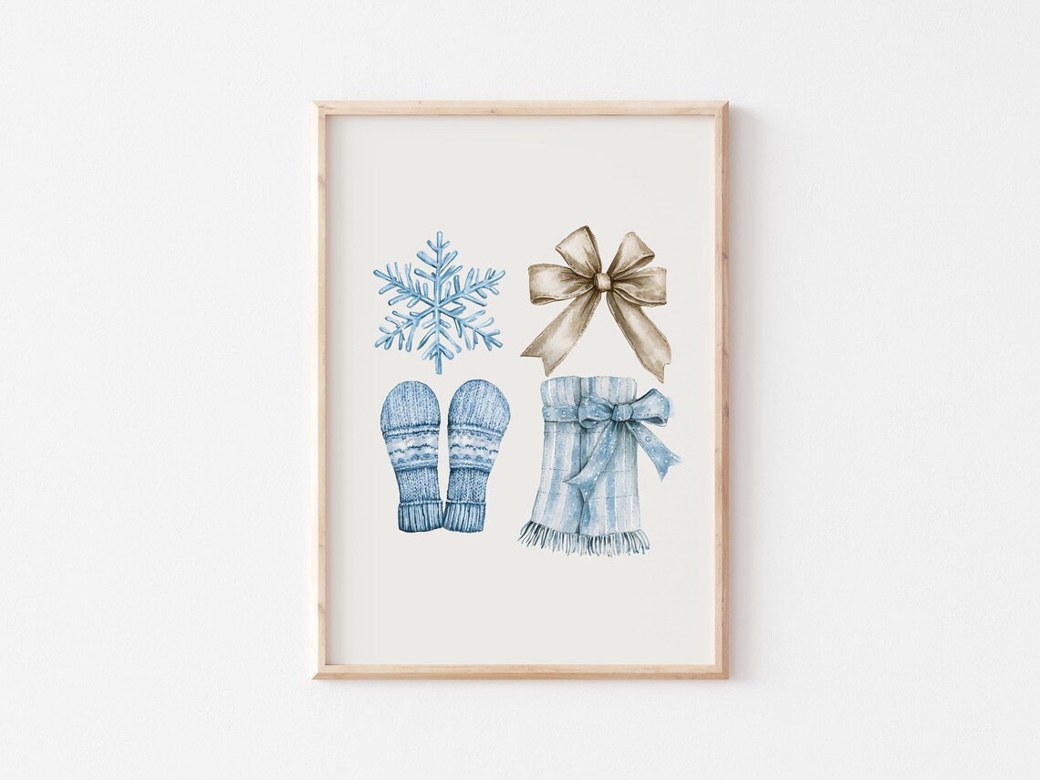 Blue Christmas Snowflake Mittens Scarf Winter Watercolor Poster - Image 3